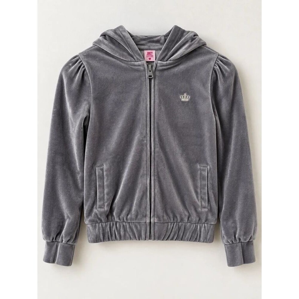 Juicy Couture Girls Gray Velour Zip Jacket Hoodie S 7/8 Crown Rhinestone Y2K